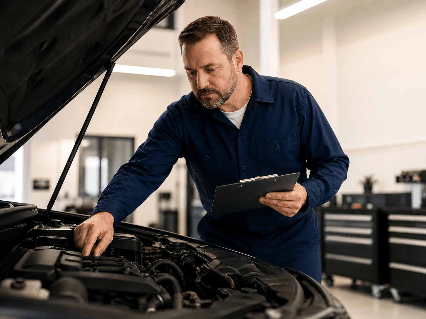 Un mécanicien inspecte le moteur d'une voiture dans un garage, planchette à pince en main, en vérifiant attentivement les composantes.